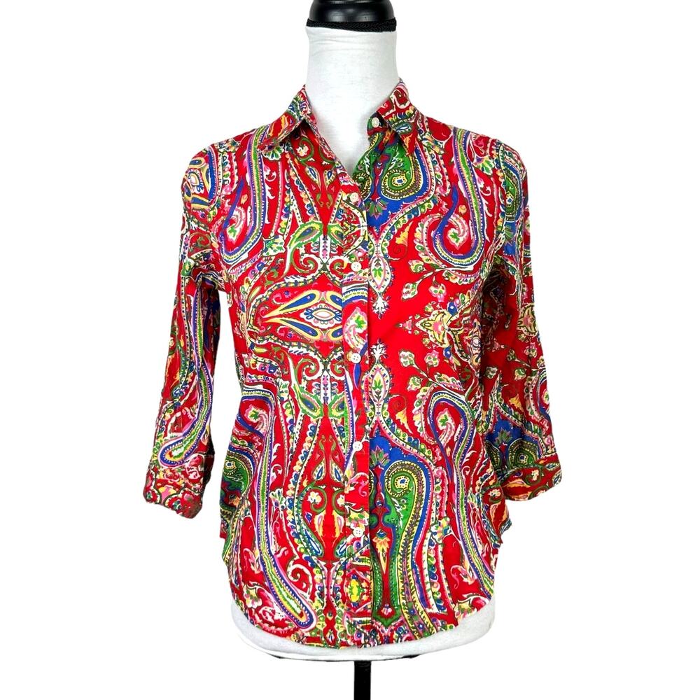 Lauren Ralph Lauren Vibrant Red Print 3/4 Sleeve 100% Cotton Button Up Shirt